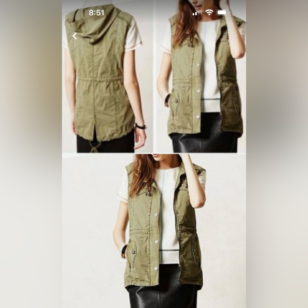 MARRAKECH Anthropologie Utility Zip Hooded Pocket Vest Green Cotton Size M